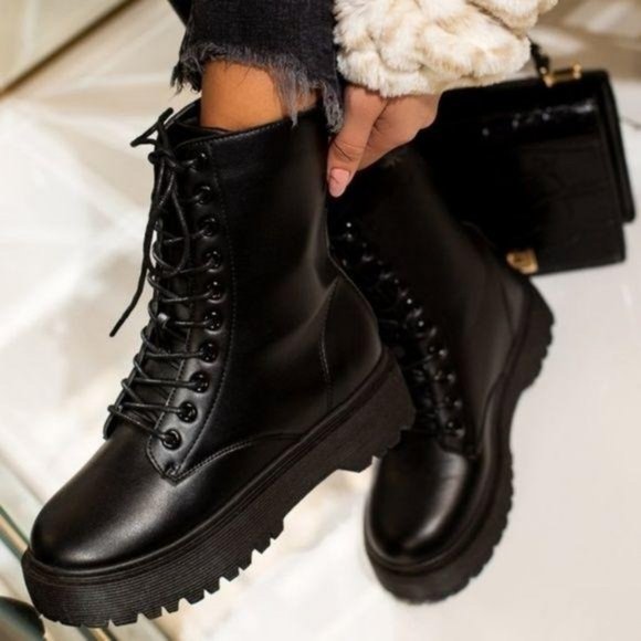 Black Faux Leather Combat Boots - Picture 2 of 5